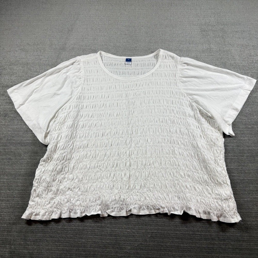 Old Navy Smocked Top Women XL White Milkmaid Cottagecore Crew Neck Femme